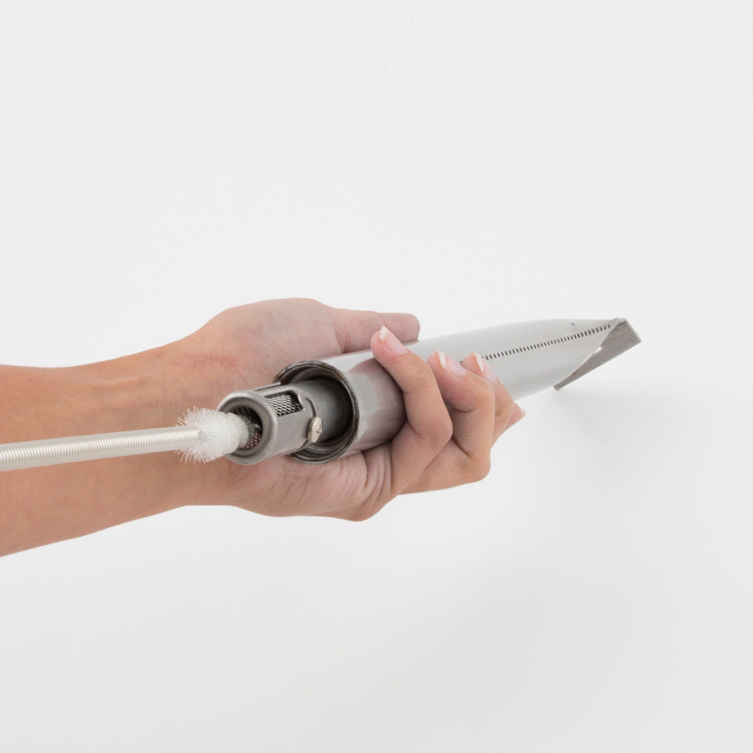 Burner cleaning brush head on a long rod for grill burner maintenance