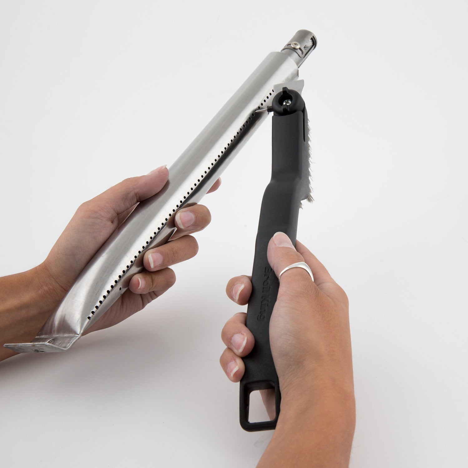 Grill burner cleaning tools: long bristle rod and black handled scraper
