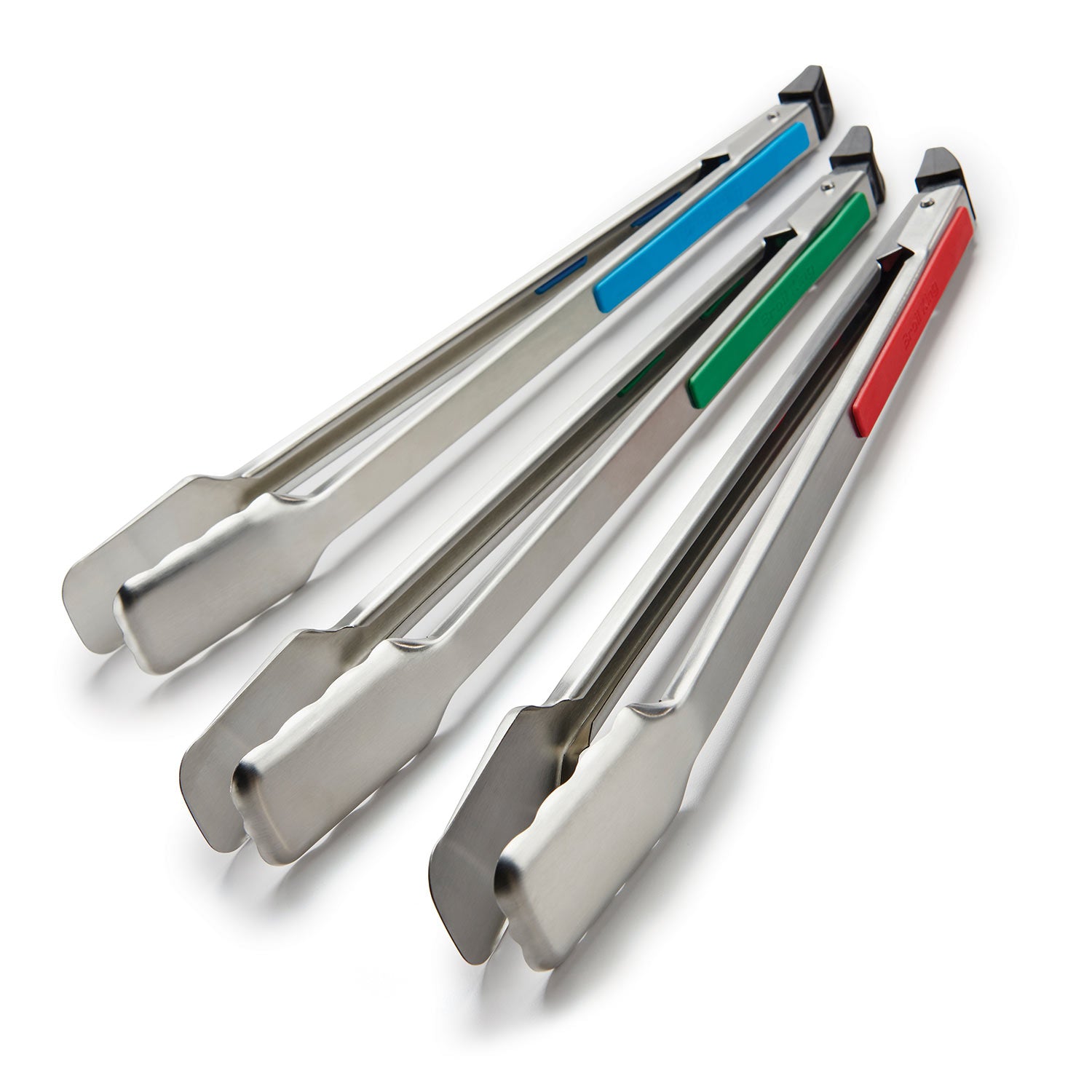 Stainless steel grill tongs, three-pack, color-coded handles (blue, green, red)