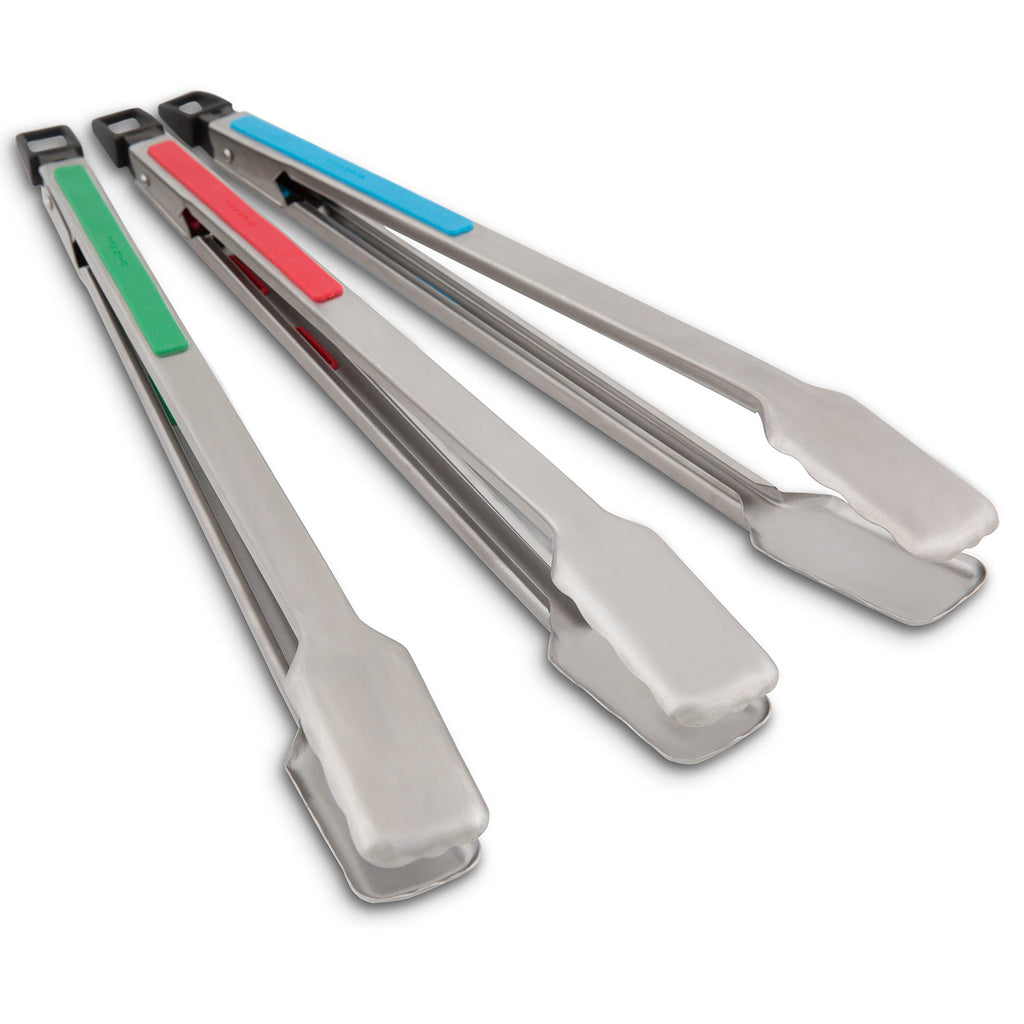 Three stainless steel grill tongs with long jaws and colored grip accents (blue, green, red)