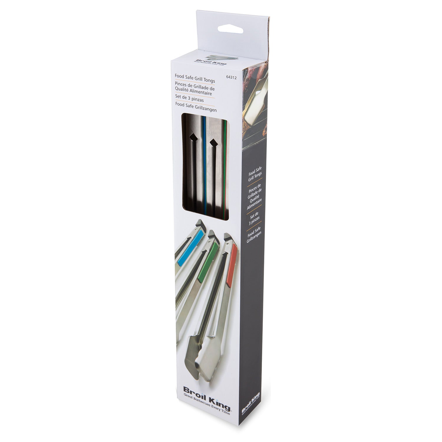Broil King 3-pack grill tongs retail box, showing three tongs with color-striped handles
