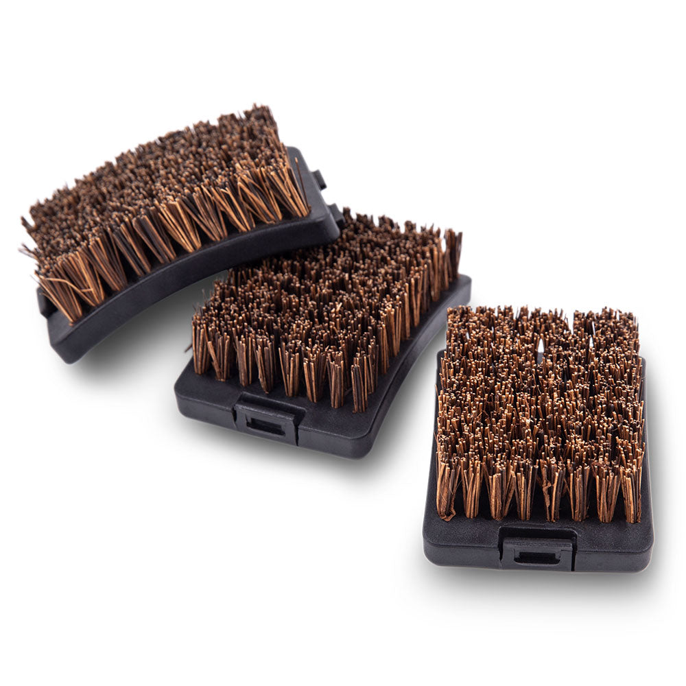 Set of 3 grill brush heads with brown copper bristles and black plastic bases