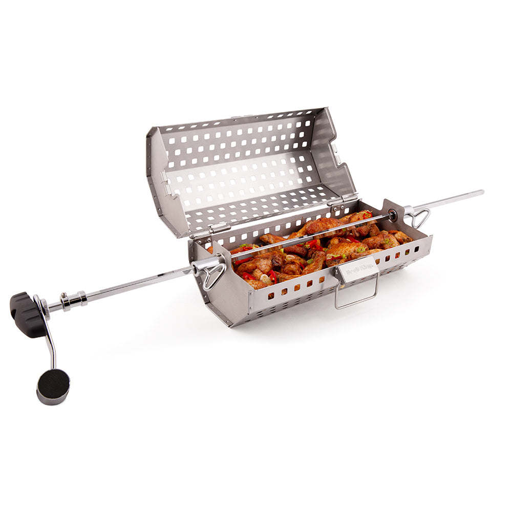 Stainless steel rotisserie tumble basket with open mesh tray and handle rod
