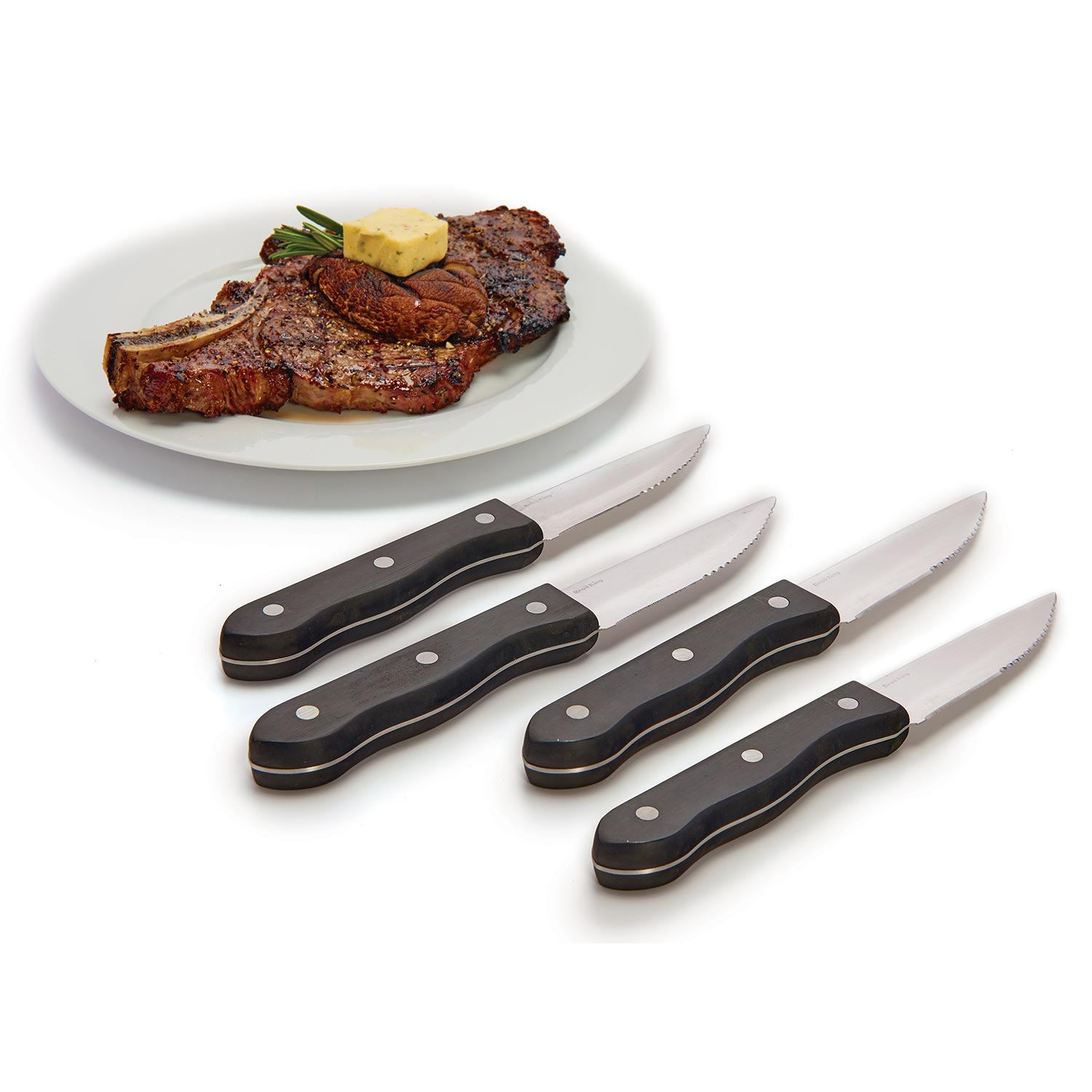 Steak knife set with four black-handled knives and stainless serrated blades