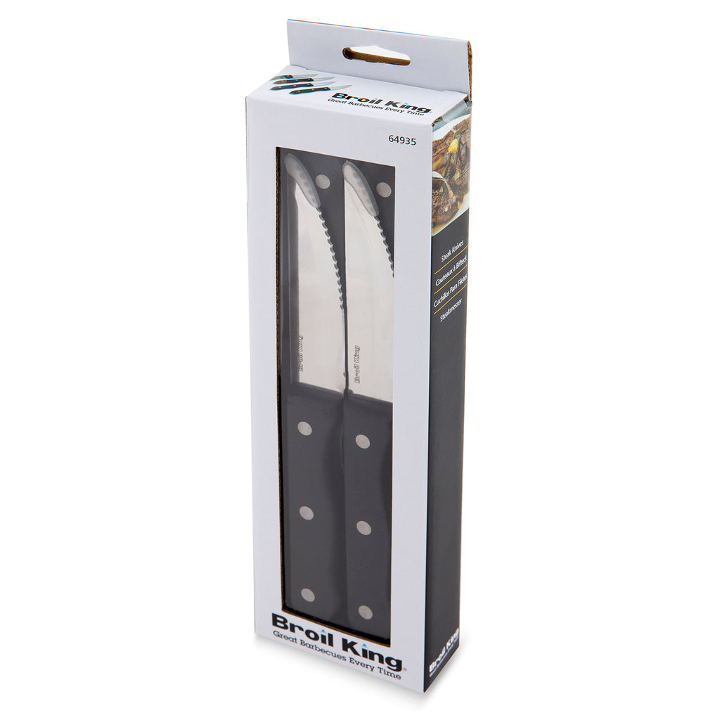 Broil King steak knife set retail box with four black-handled knives shown