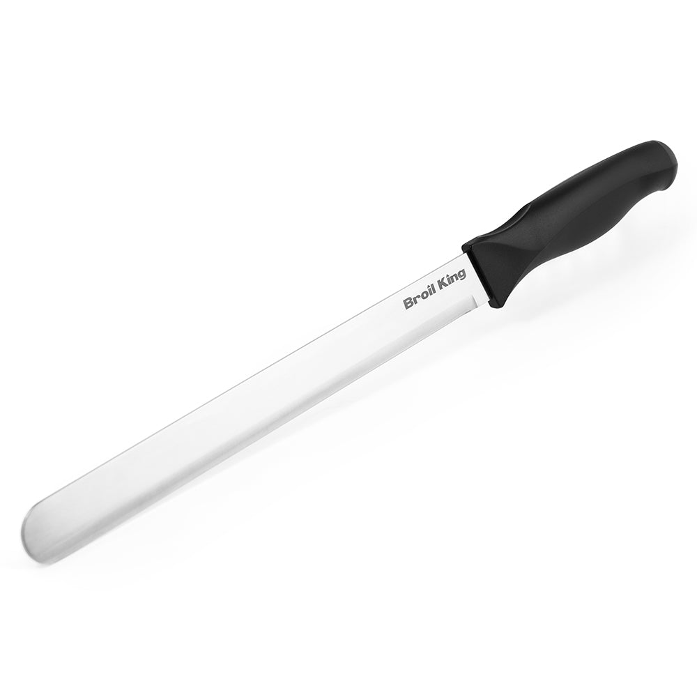 Stainless carving knife with black handle, printed branding on the blade