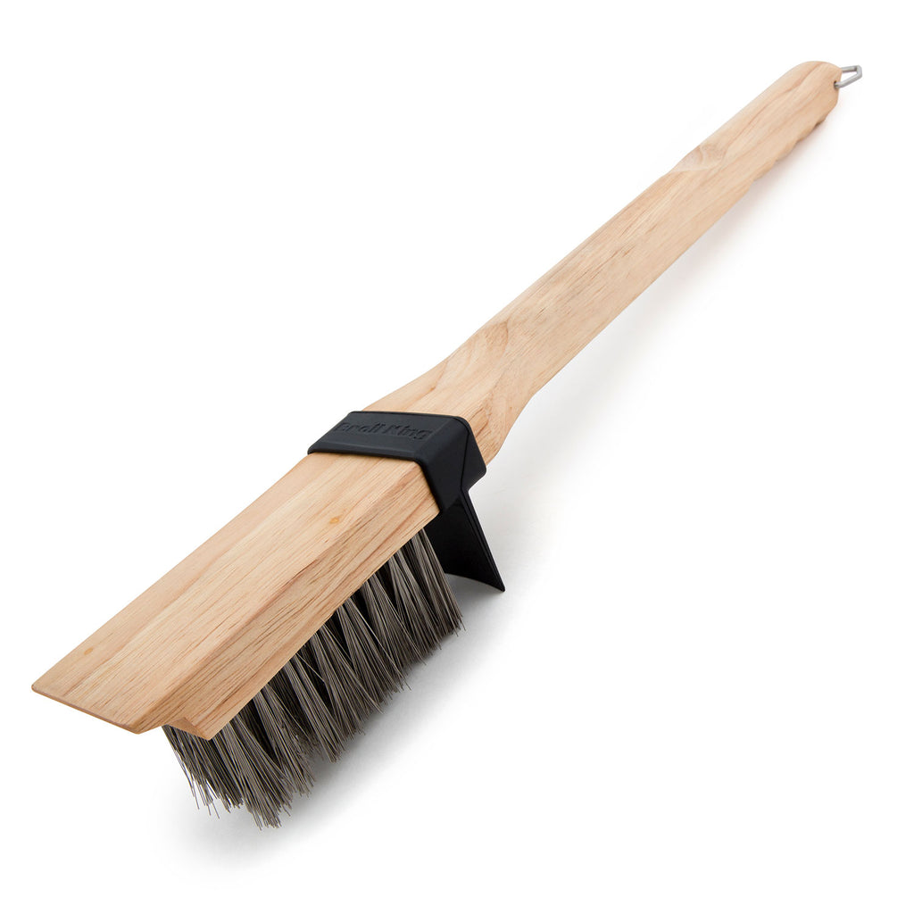 Grill brush with wooden handle and stiff black bristles