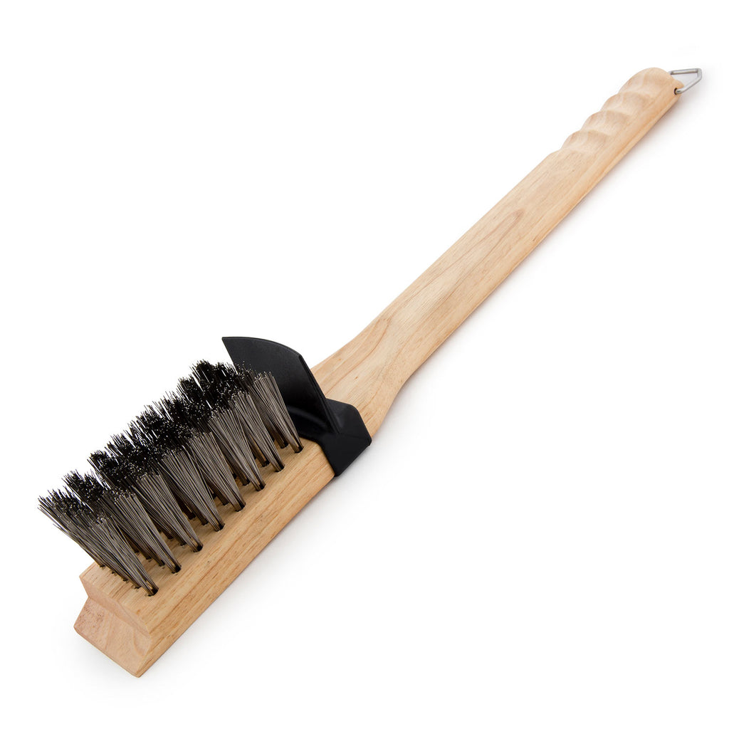 Grill brush with wood handle and curved bristle head