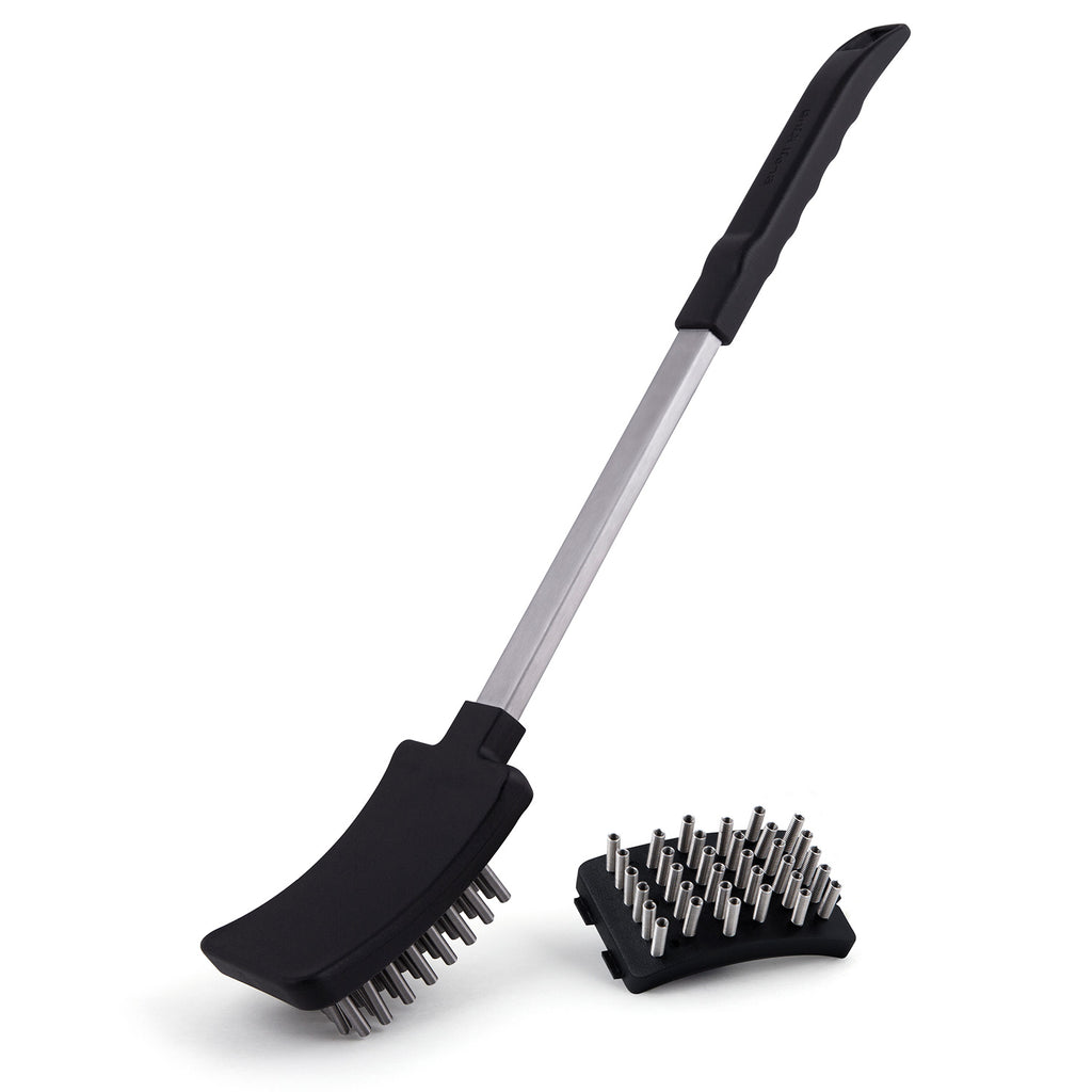 Grill brush with long handle and black head with coil spring bristles