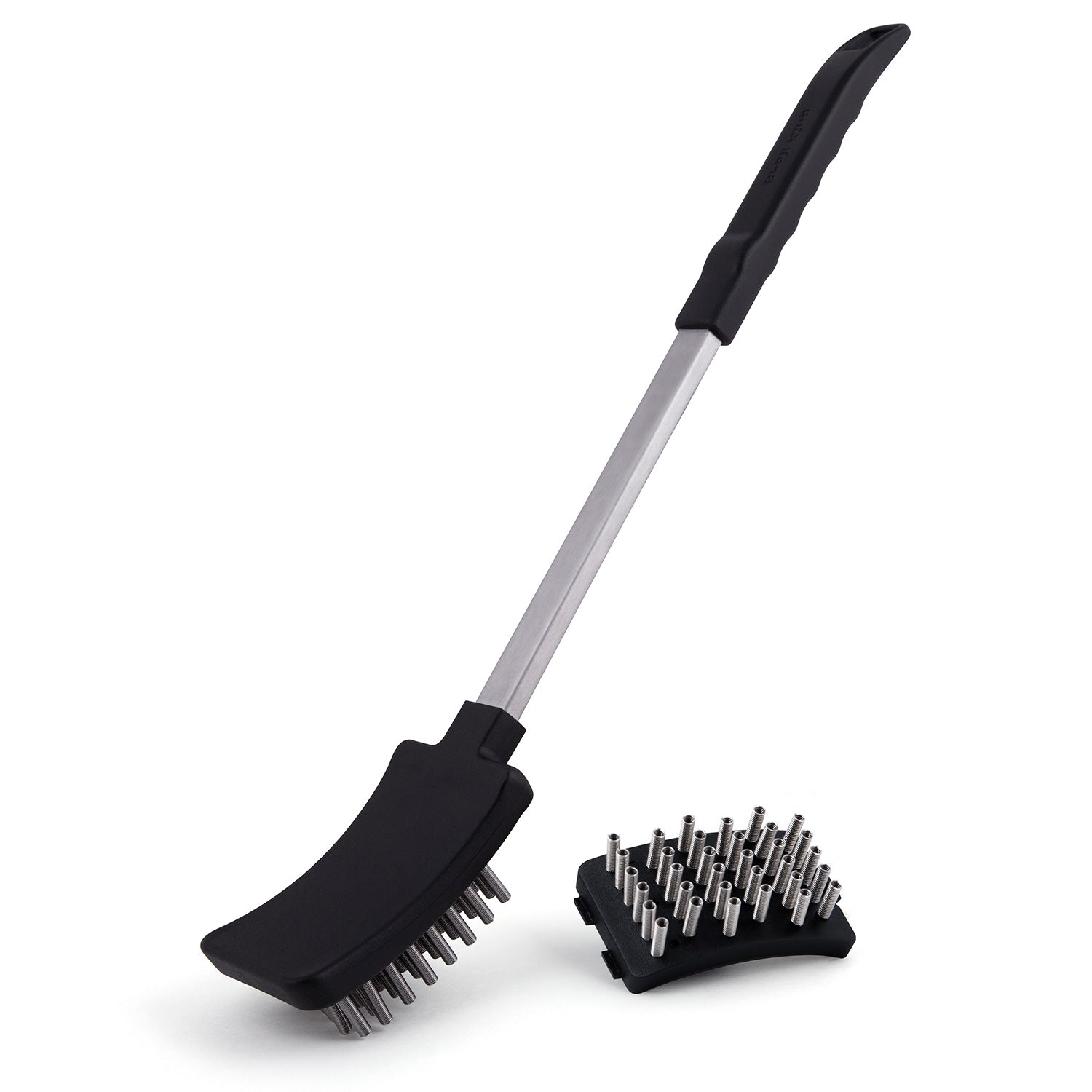 Grill brush with long handle and black head with coil spring bristles