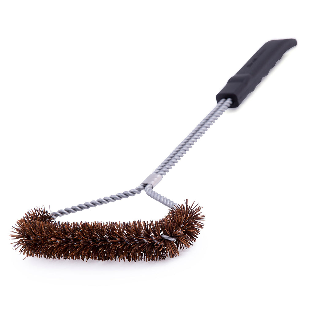 Tri-head grill brush with brown bristles, twisted silver wire, and dark plastic handle