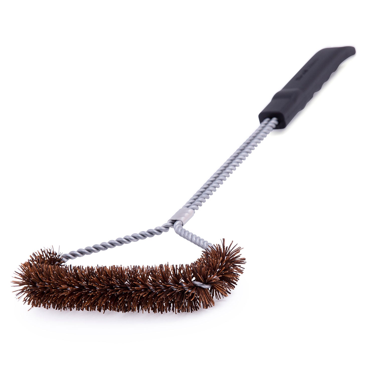 Tri-head grill brush with brown bristles, twisted silver wire, and dark plastic handle