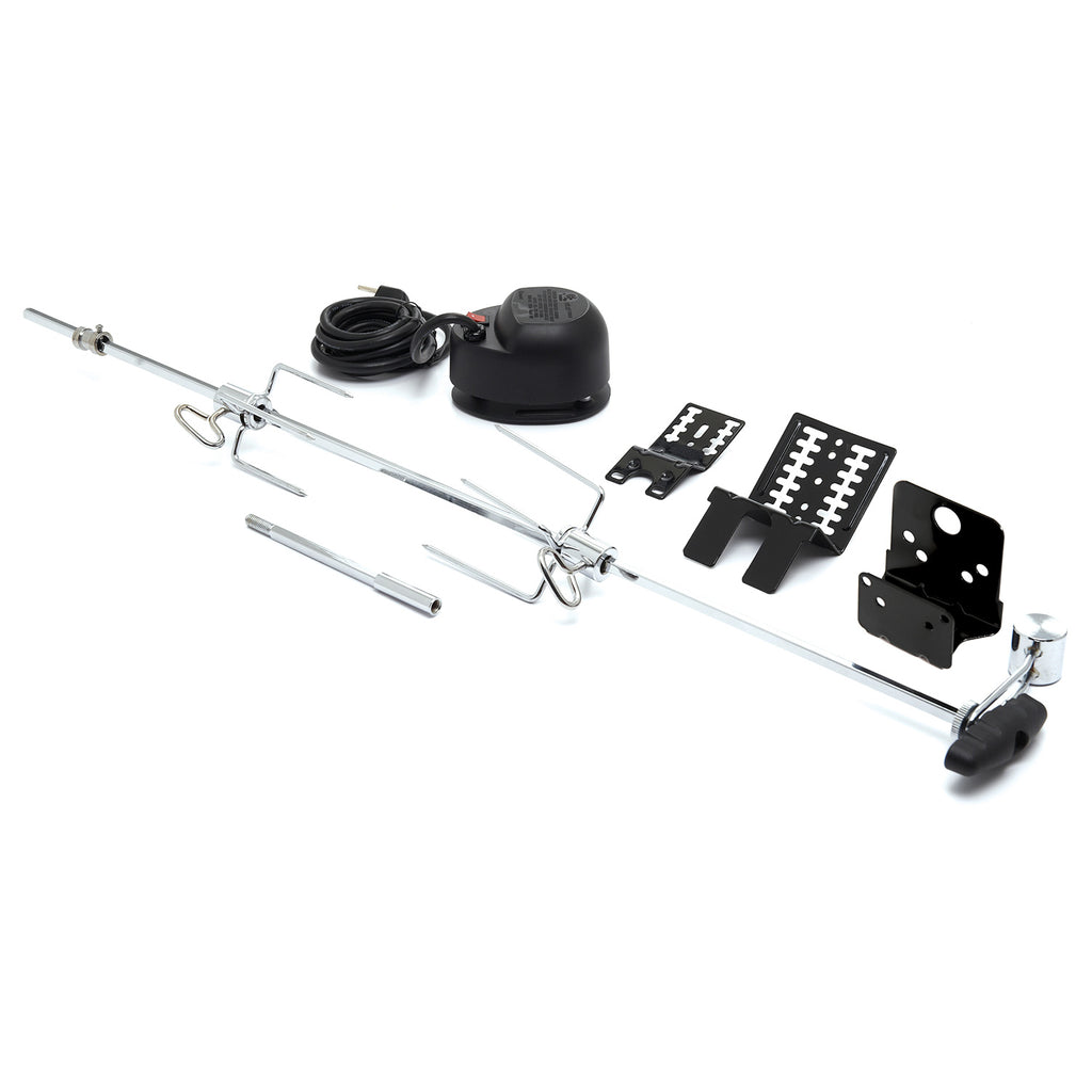 Universal rotisserie kit with metal spit rod, forks, clamps, and motor control unit