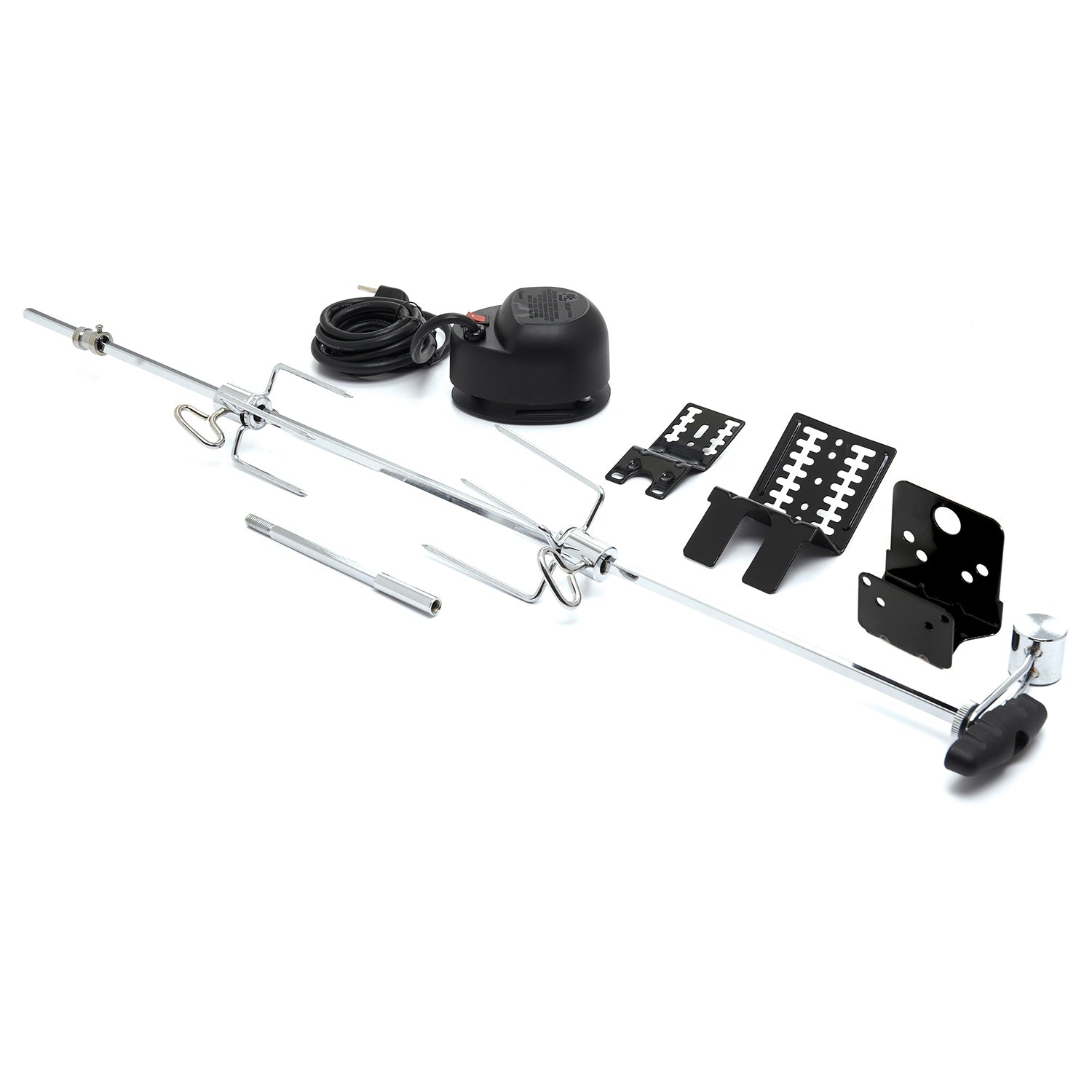 Universal rotisserie kit with metal spit rod, forks, clamps, and motor control unit