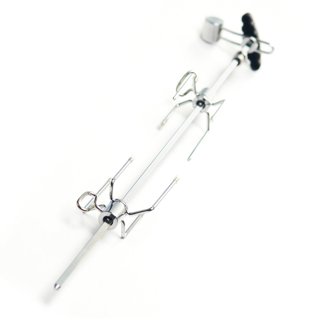 Rotisserie spit rod with forks and center pin for roasting