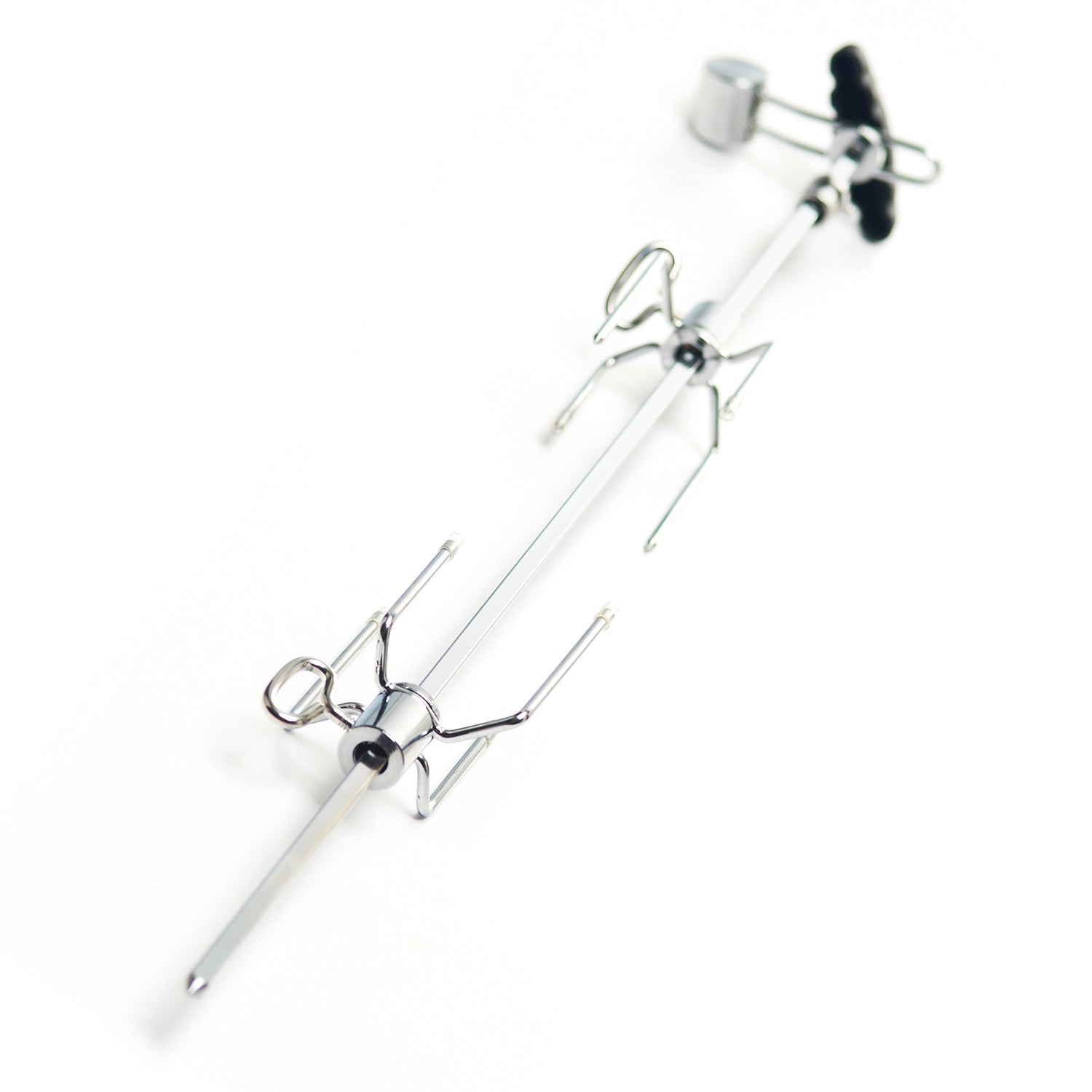 Rotisserie spit rod with forks and center pin for roasting