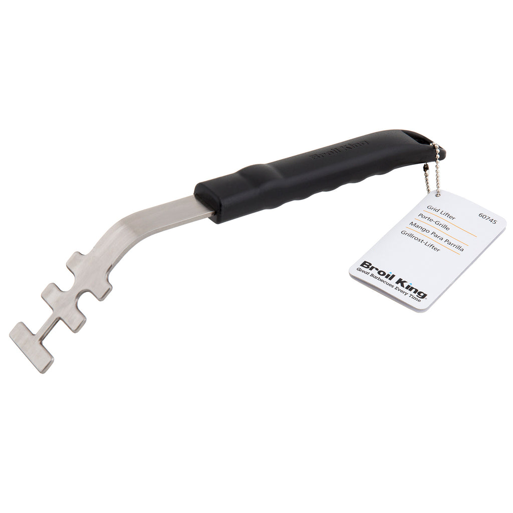 Broil King grid lifter tool with black handle and two-prong silver metal head