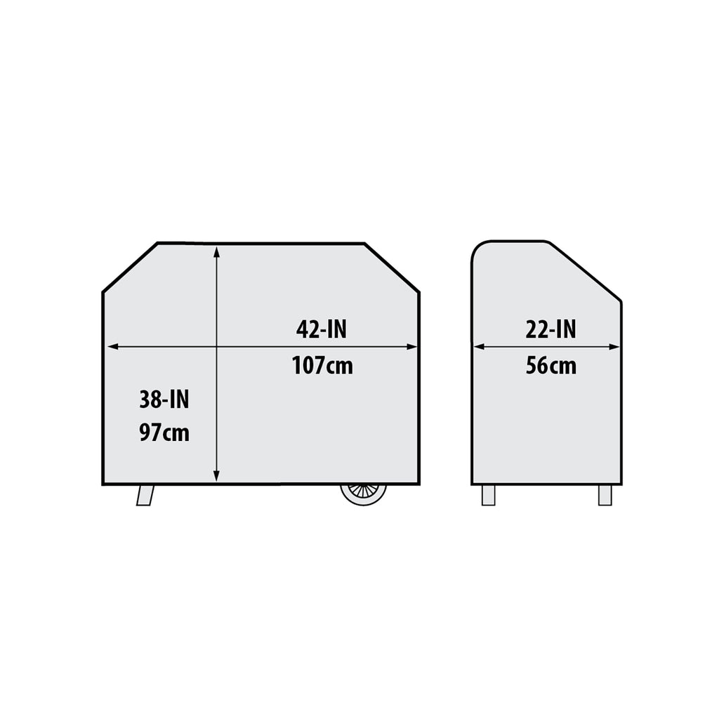 Broil King grill cover dimensions: 42 in wide, 38 in deep, 22 in tall