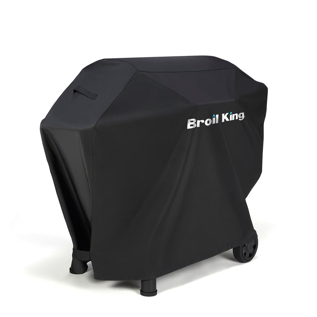 Broil King grill cover, dark polyester with logo and side straps, for pellet grill