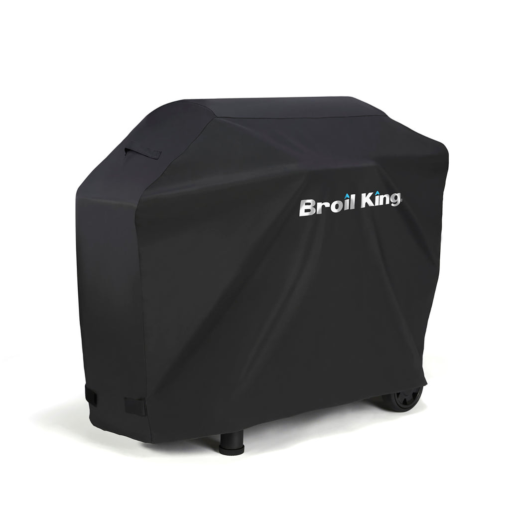 Broil King grill cover, dark polyester with fitted hood and logo, covers pellet grill