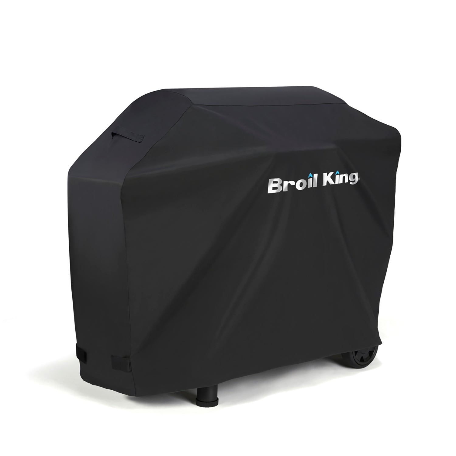 Broil King grill cover, dark polyester with fitted hood and logo, covers pellet grill