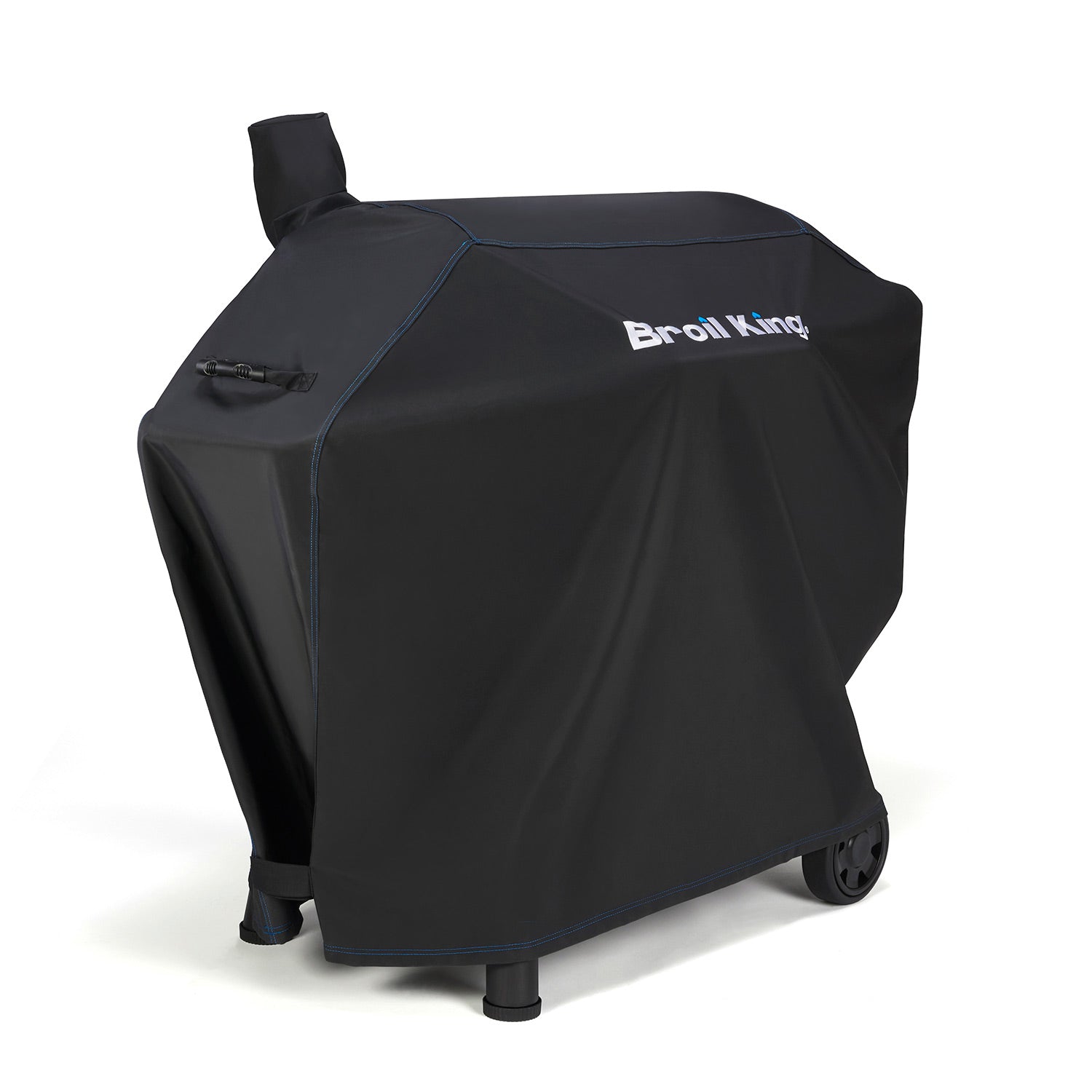 Broil King polyester grill cover, dark with logo, fitted over grill