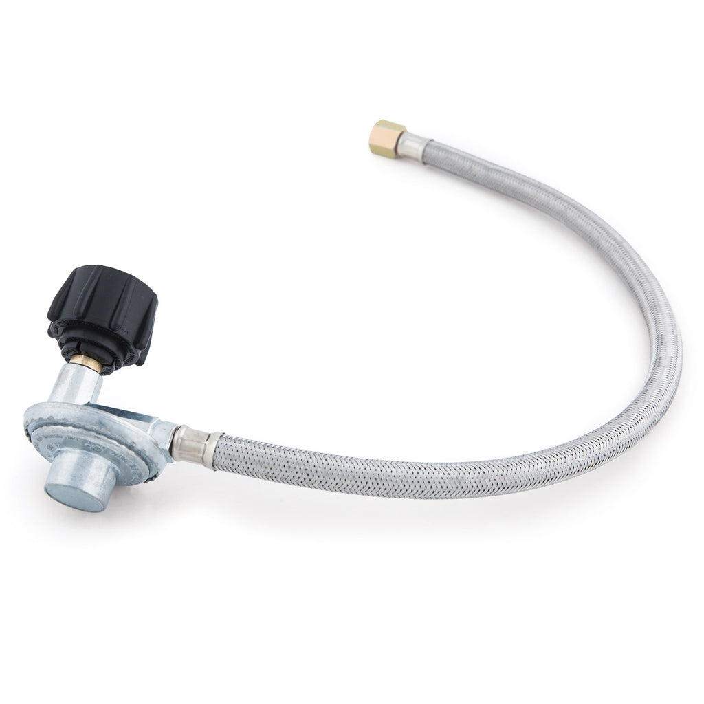 Braided stainless gas hose with regulator and black control knob