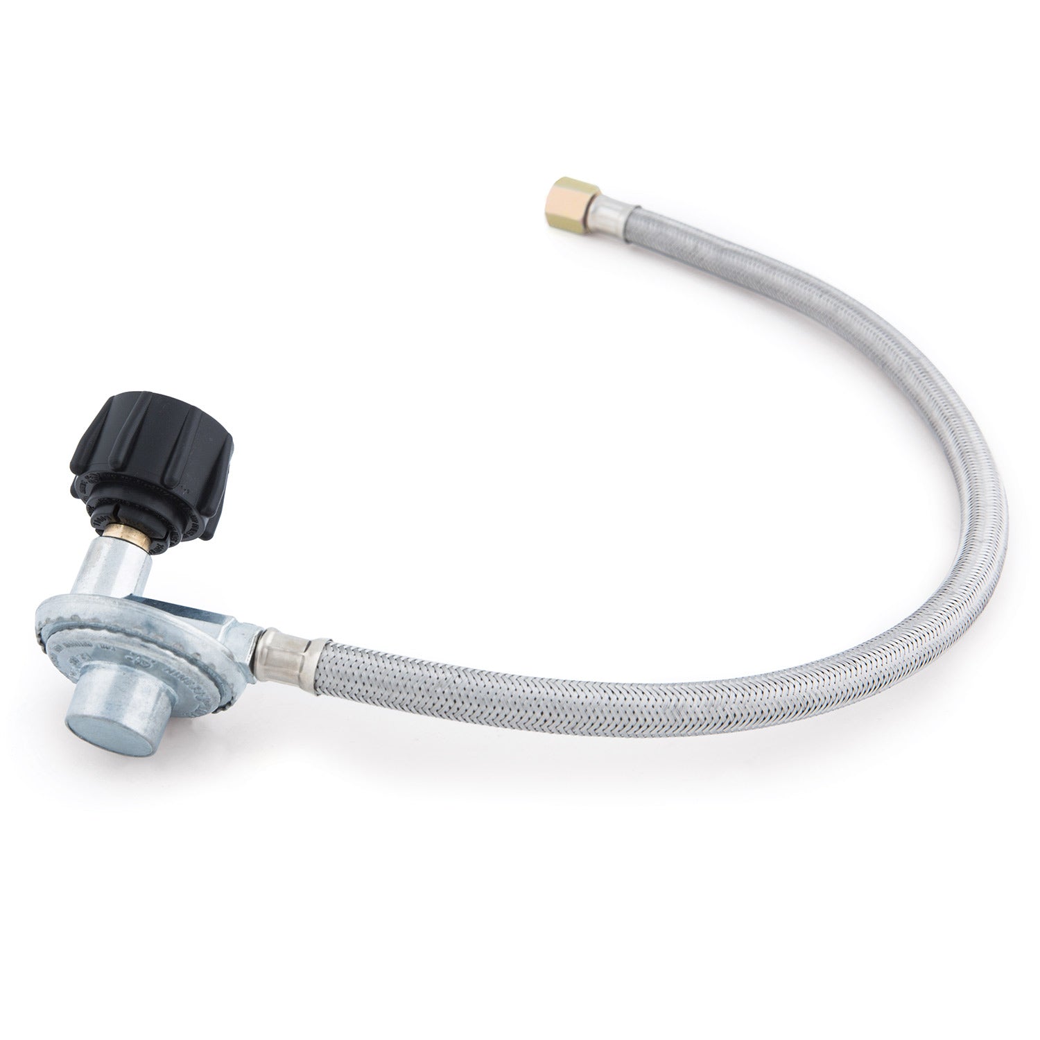 Braided stainless gas hose with regulator and black control knob