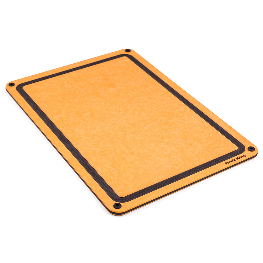 Wood fiber cutting and serving board with black grip border and corner mounting holes