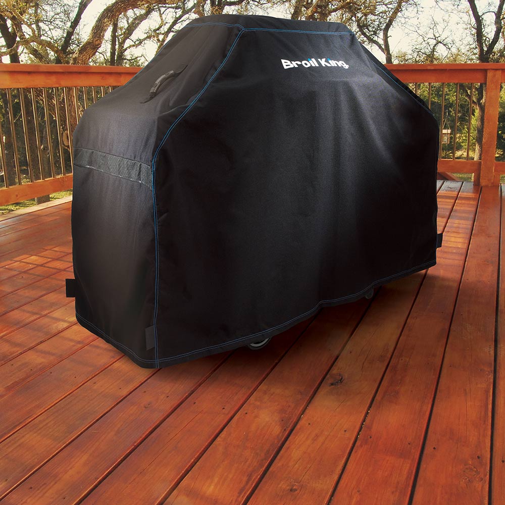 Dark gray grill cover with blue trim and Broil King logo
