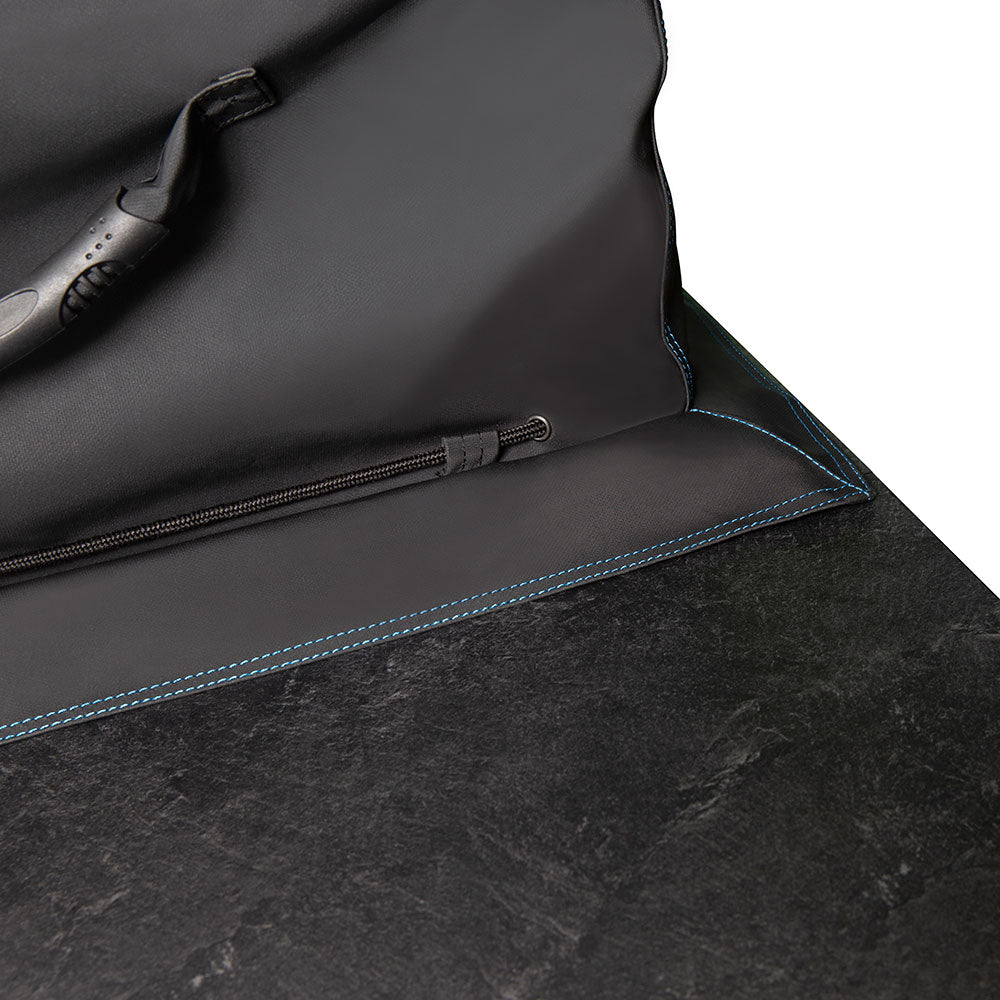 Black grill cover interior with zipper track and stitched blue trim