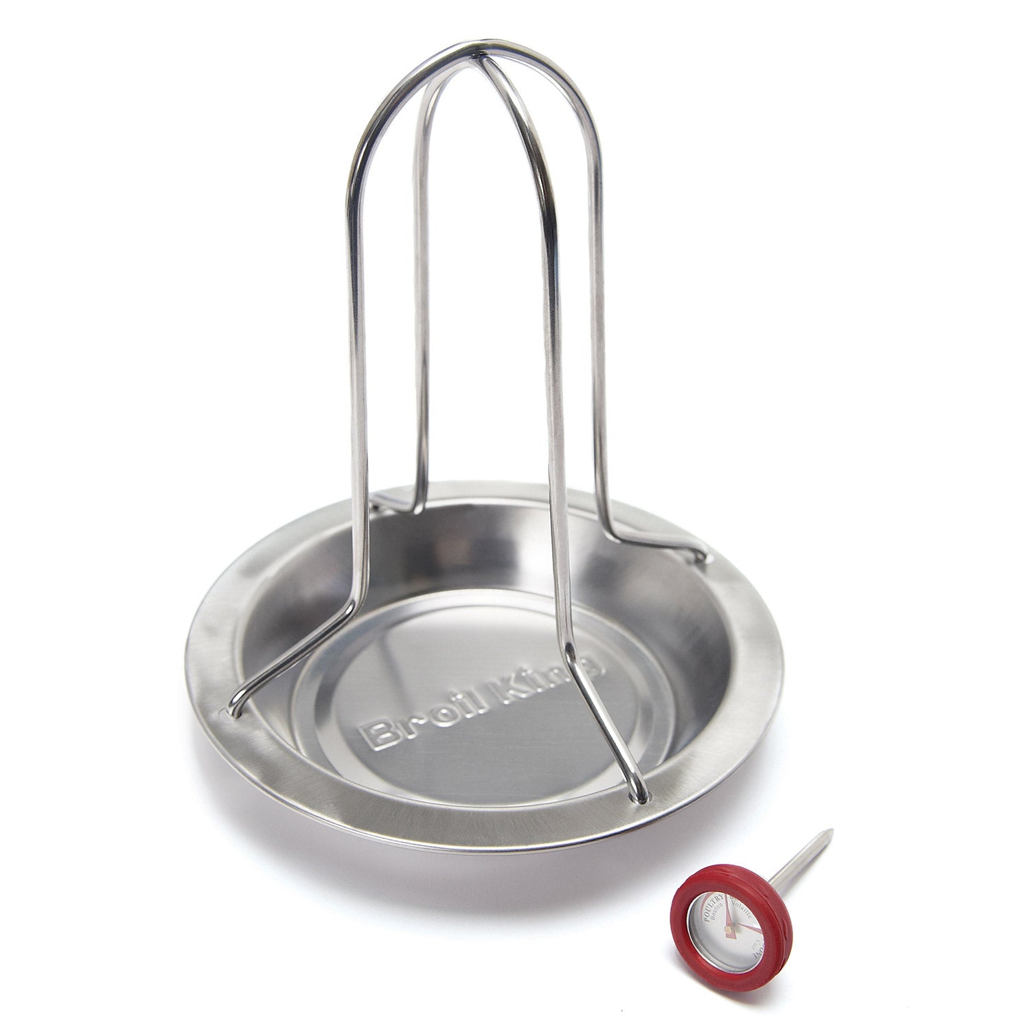 Stainless steel roaster tray with wire handles and center support stand