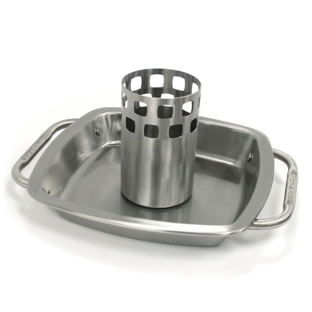 Stainless steel chicken roaster pan with upright roasting basket insert