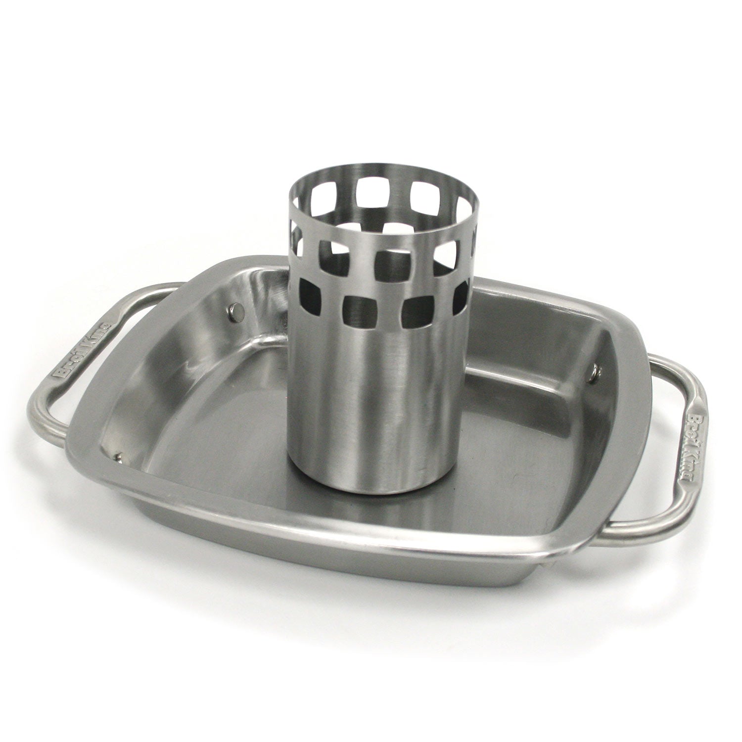 Stainless steel chicken roaster pan with upright roasting basket insert