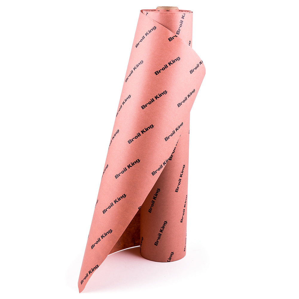 Butcher paper roll in pink with repeating Broil King logo print, end folded out