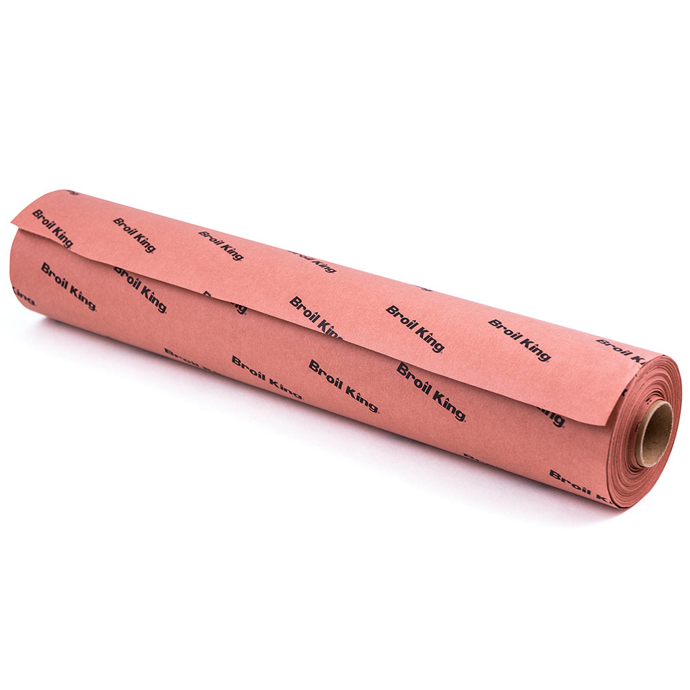 Butcher paper roll, pink sheet rolled tightly with repeating Broil King logo pattern