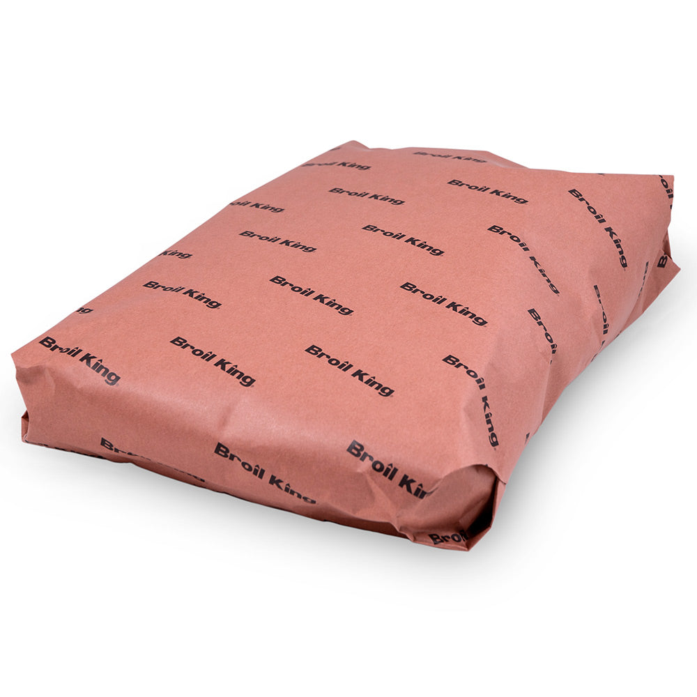 Folded pink butcher paper sheet with repeating Broil King logo print