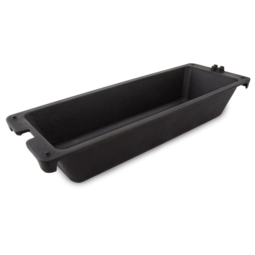 Black cast iron wok tray, empty with side handles and mounting tabs