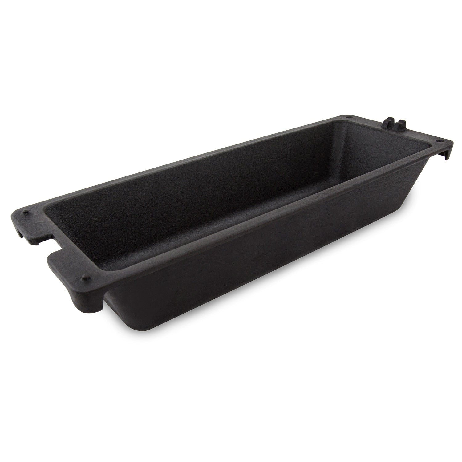 Black cast iron wok tray, empty with side handles and mounting tabs