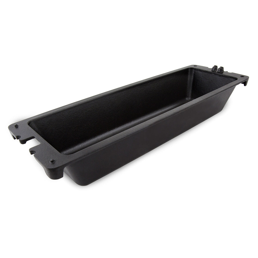 Black cast iron wok tray with empty interior and mounting tabs on sides