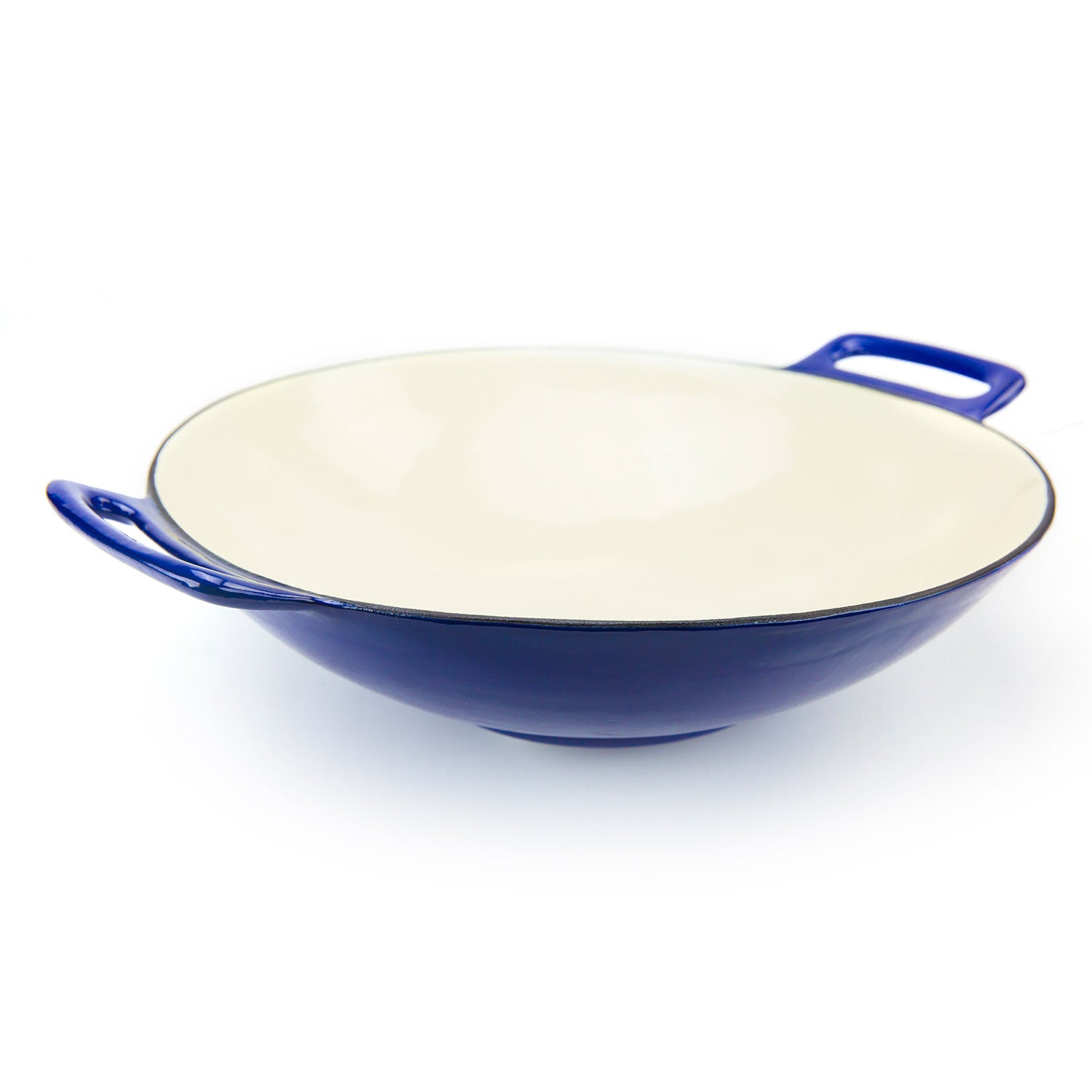 Porcelain cast iron wok in blue with cream interior and two side loop handles