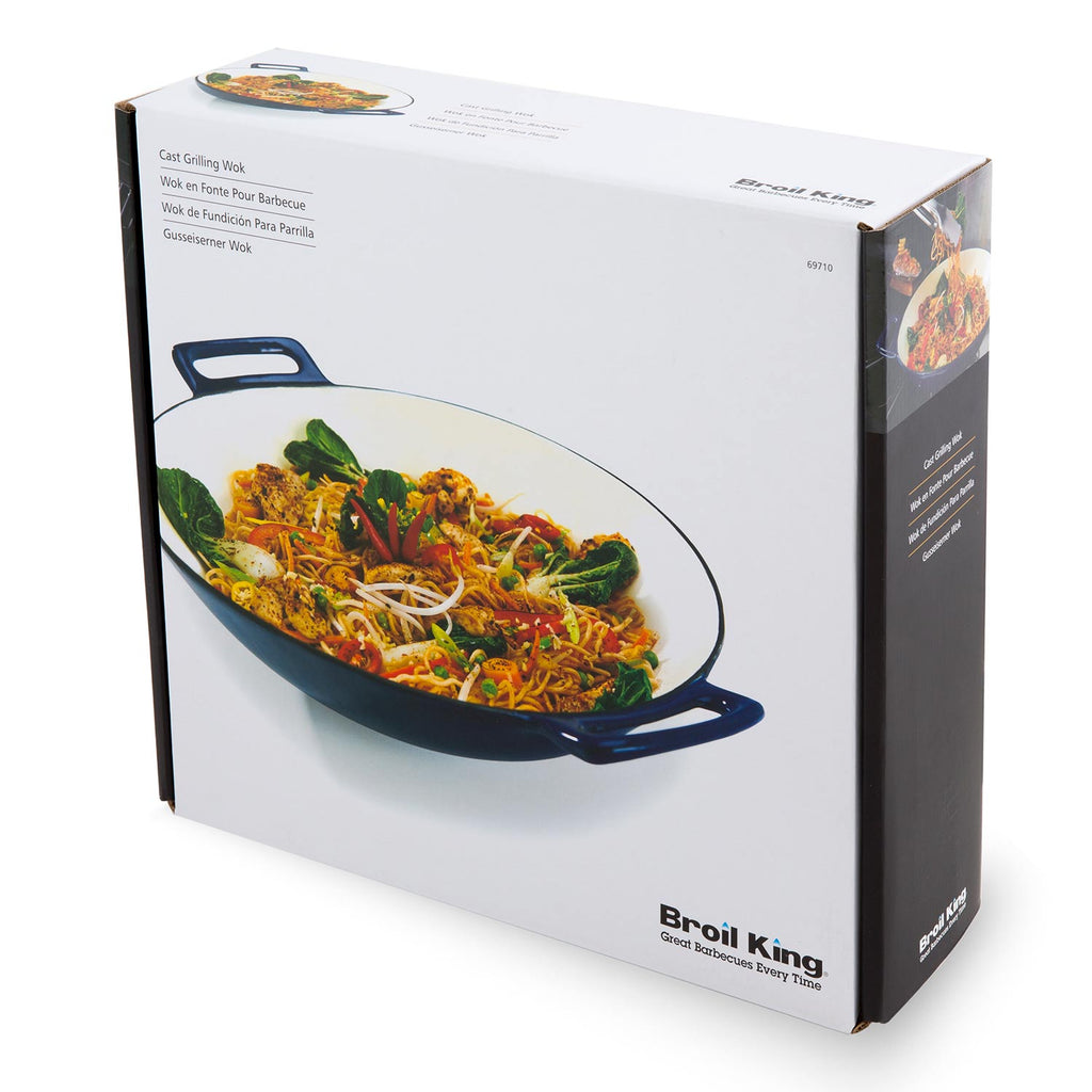 Broil King Porcelain Cast Iron Wok box with blue wok and handles
