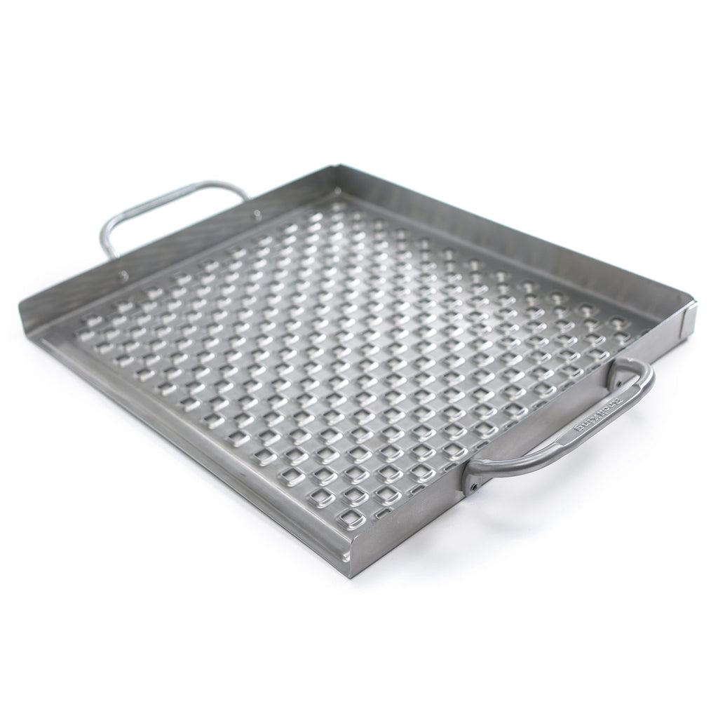 Stainless steel grill topper tray with diamond-pattern grid and side carry handles
