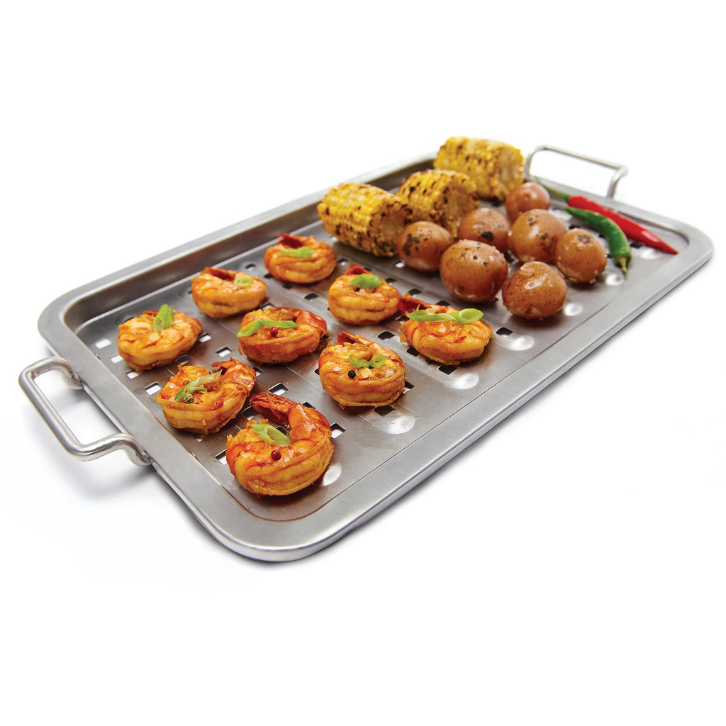 Stainless steel flat grill topper with handles and perforated cooking surface for grilling