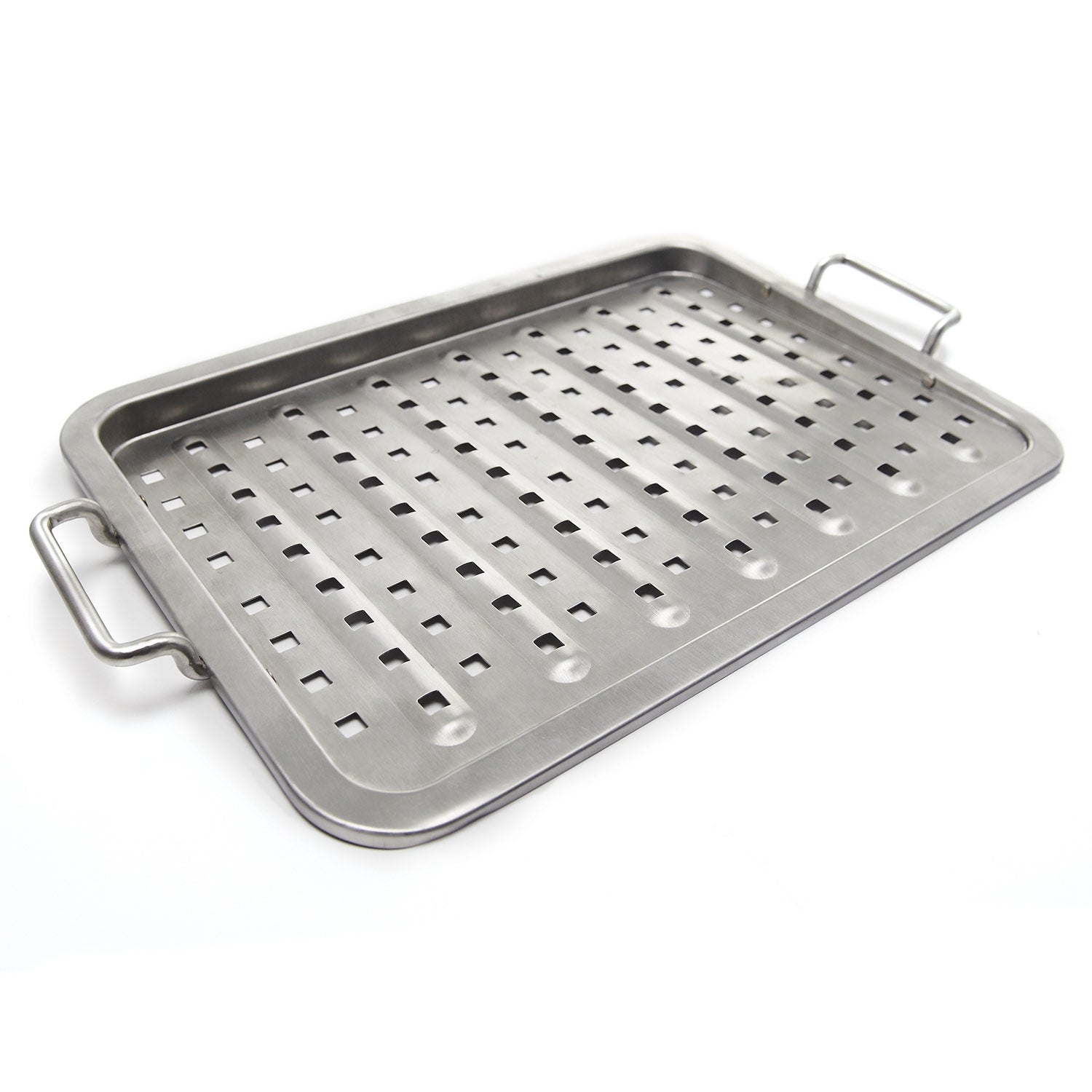Stainless steel flat grill topper tray with raised handles and perforated grid surface
