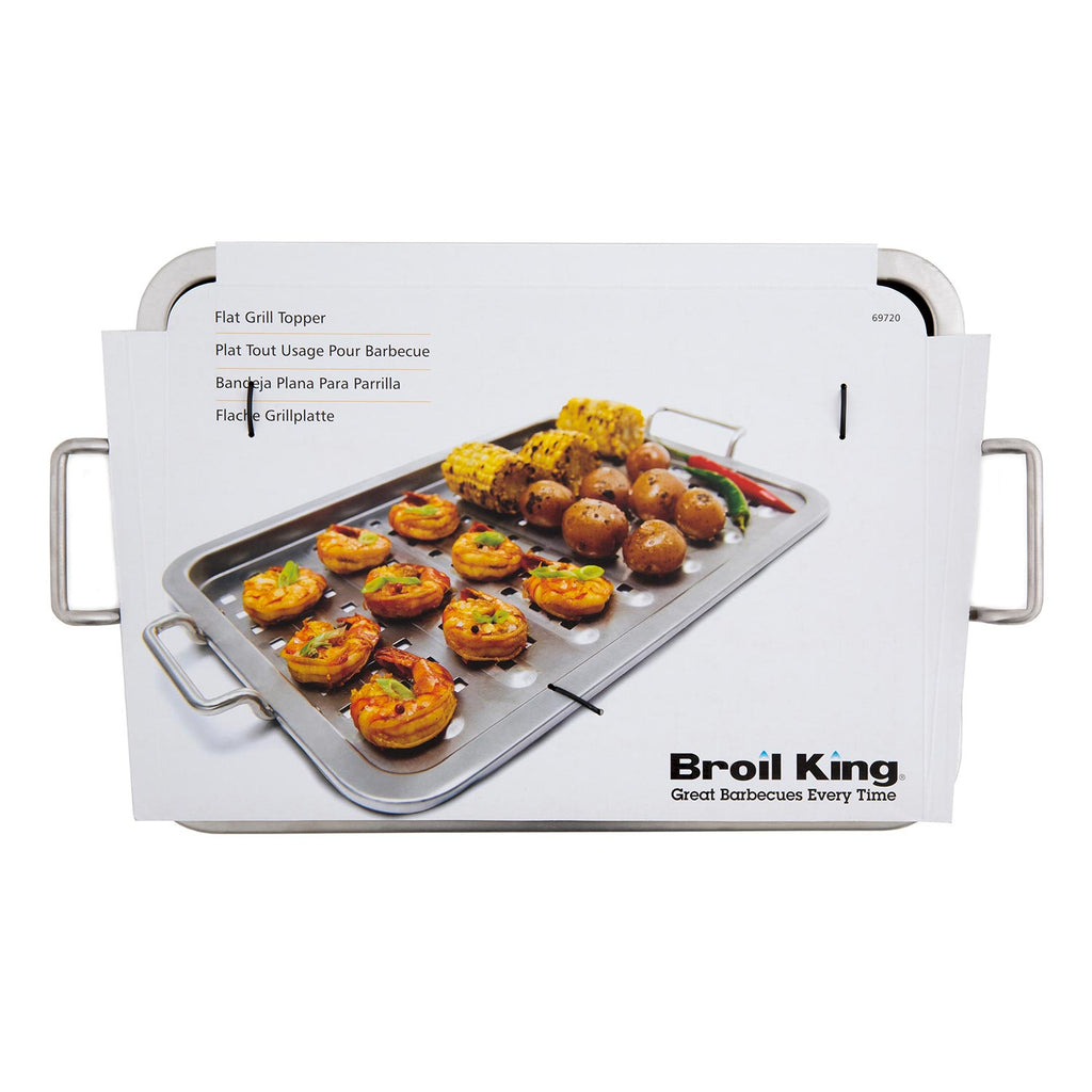 Broil King stainless steel grill topper with side handles and perforated cooking plate