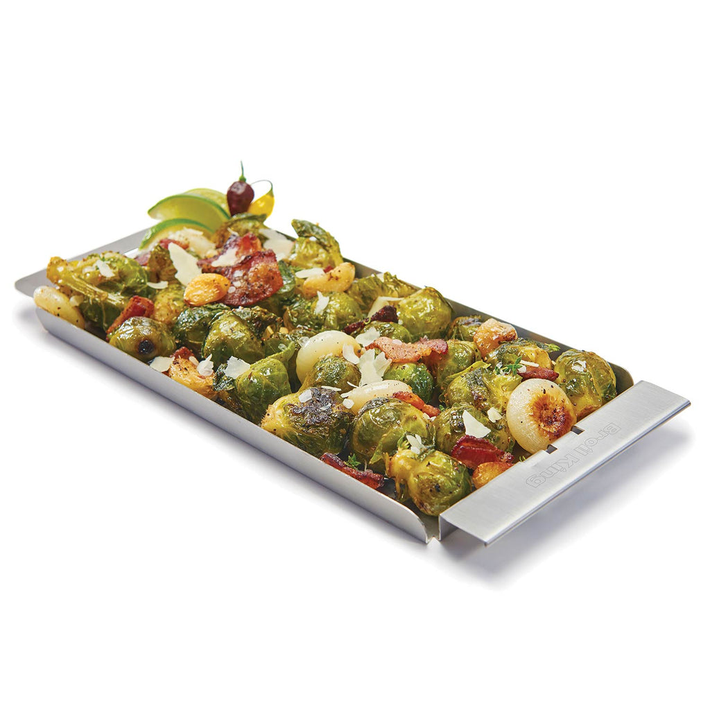 Stainless steel narrow grill topper tray with Brussels sprouts and bacon