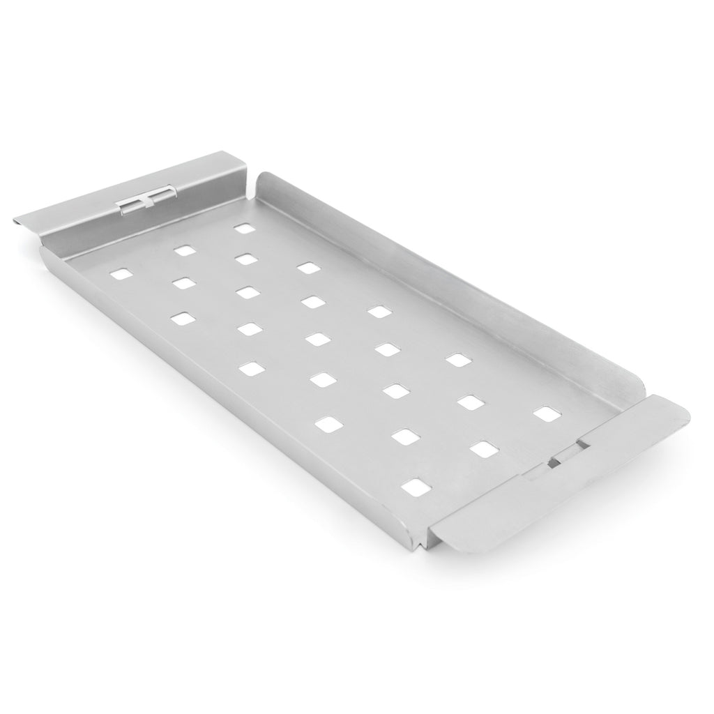 Narrow stainless steel grill topper tray with raised holes and side handles