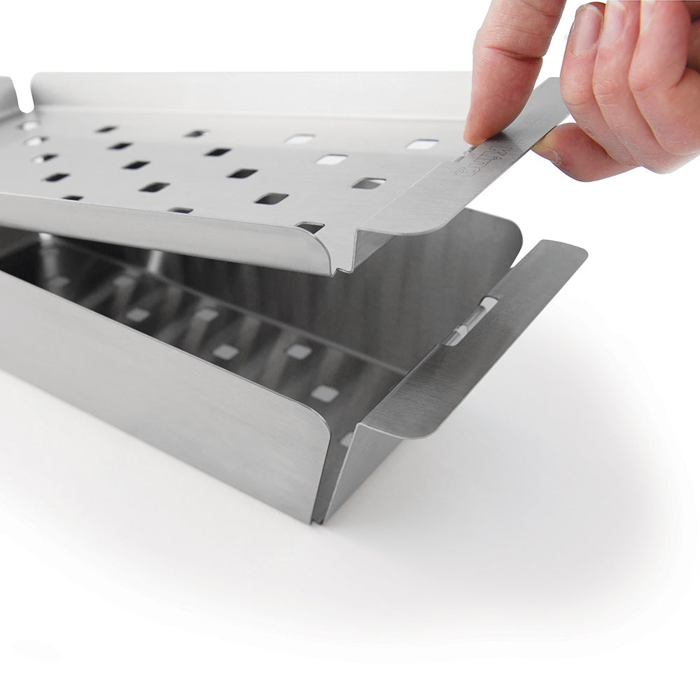 Narrow stainless steel grill topper tray with base supports and vent openings