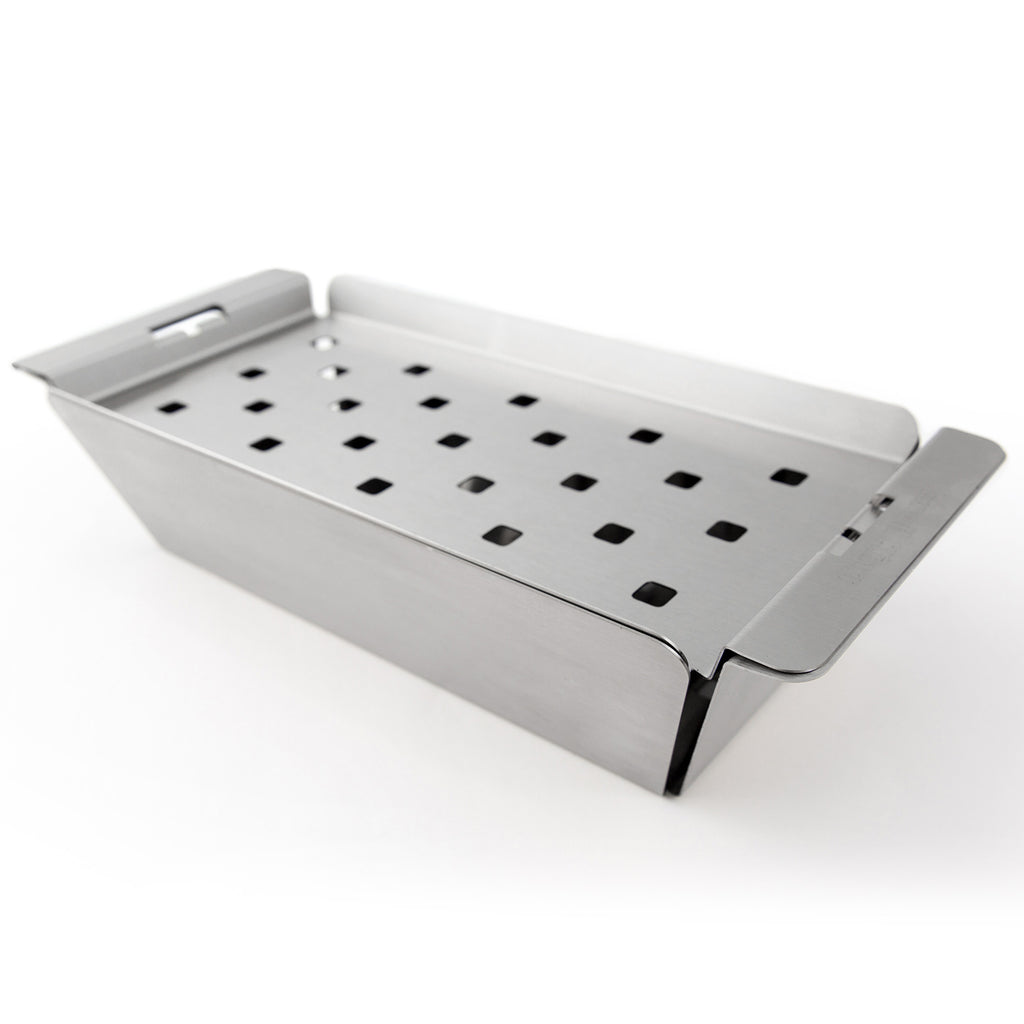 Narrow stainless steel grill topper tray with perforated insert and tabs